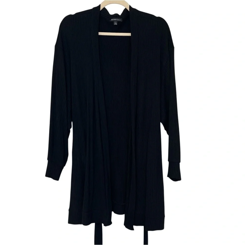 Beyond Yoga Coffee Run Ribbed Tie Waist Cardigan Black 1X Casual Lounge Cozy